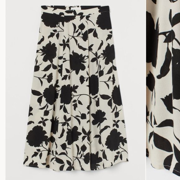 H&M Dresses & Skirts - Black & White Floral Printed Midi Skirt - Full Circle A-Line Bell Shape Skirt